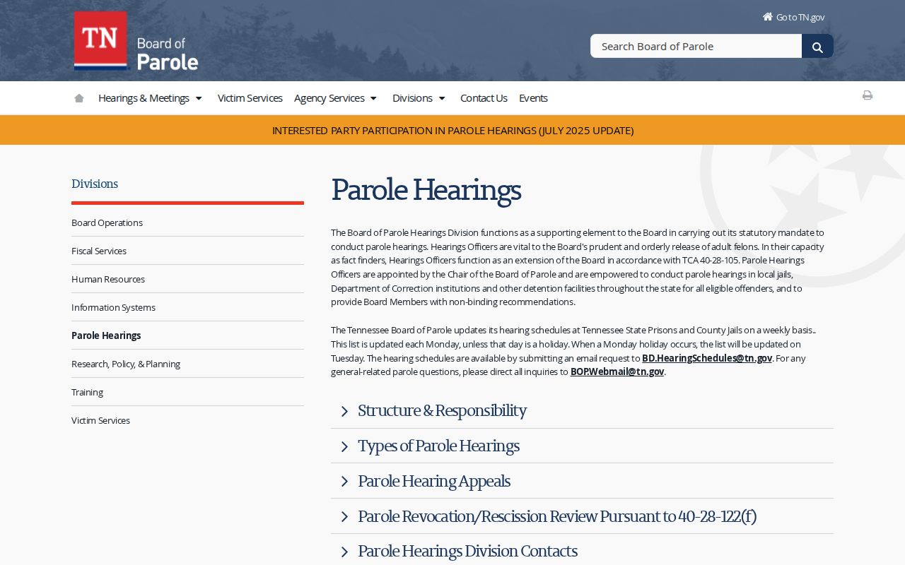 Tennessee Board of Parole hearings page with weekly schedule instructions