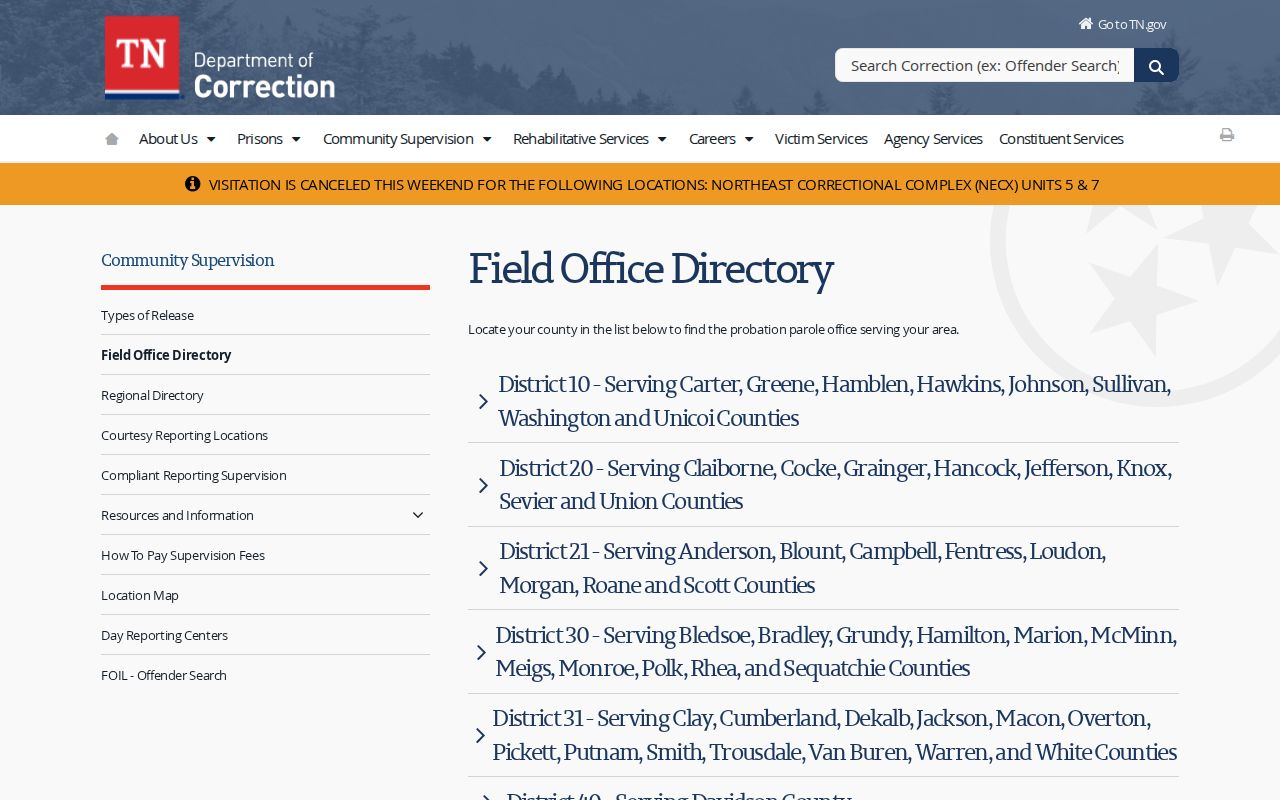 TDOC field office directory showing District 20 supervision contacts