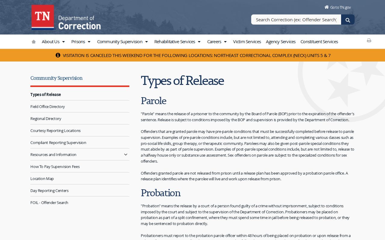 TDOC release types affecting Union County projected release dates
